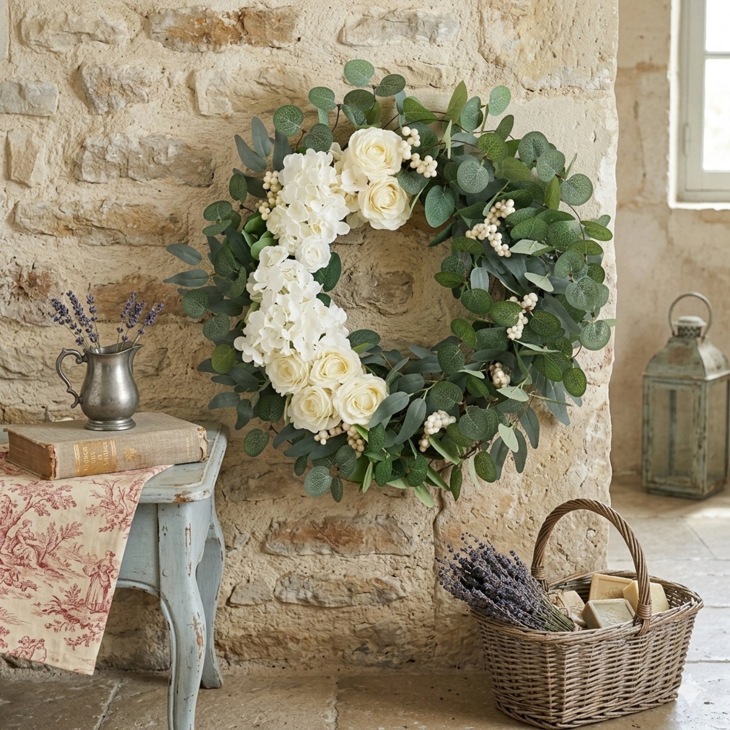 18" white rose eucalyptus wreath for front door - elegant farmhouse door wreath
