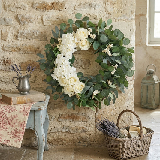 18" white rose eucalyptus wreath for front door - elegant farmhouse door wreath