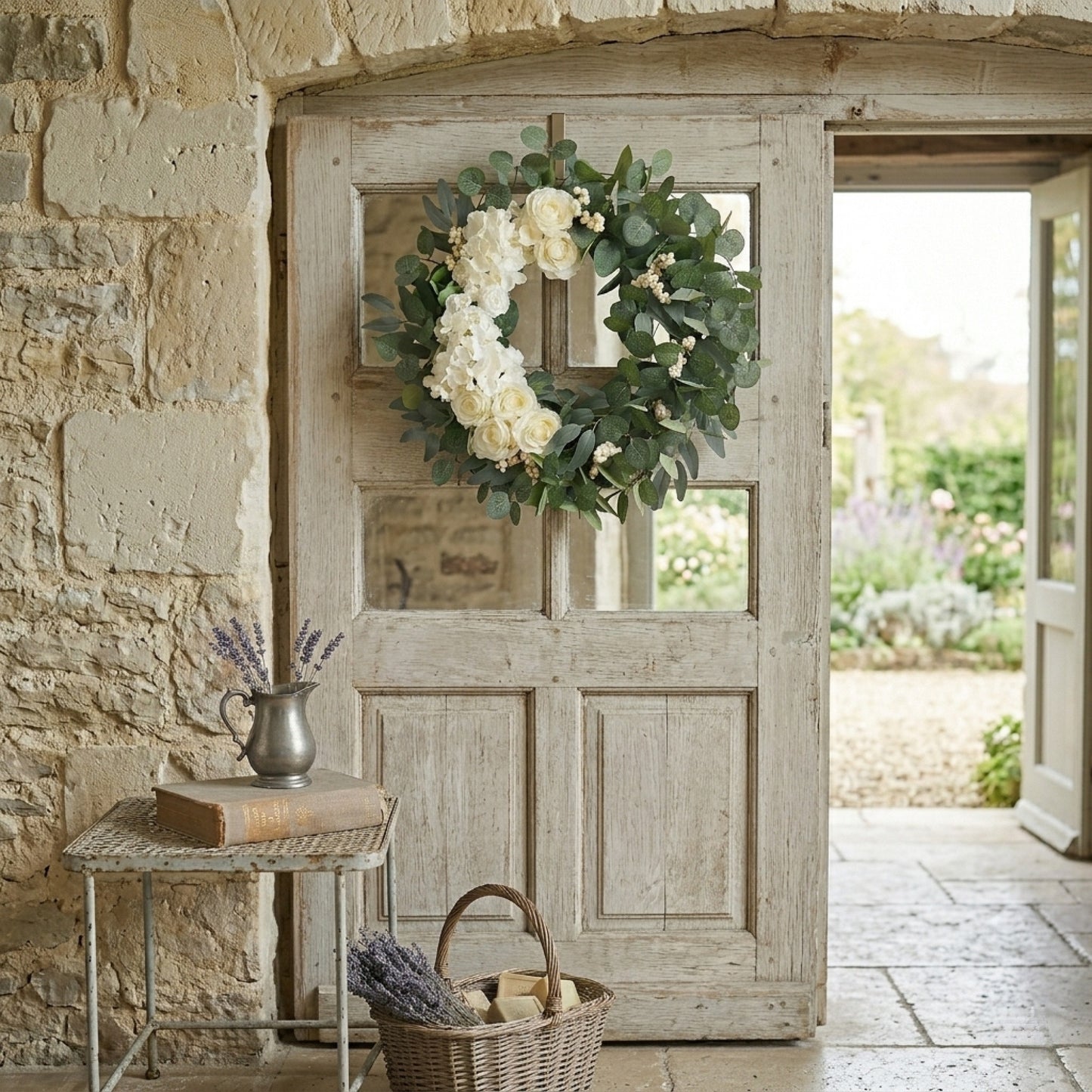 18" White Rose Eucalyptus Wreath for Front Door