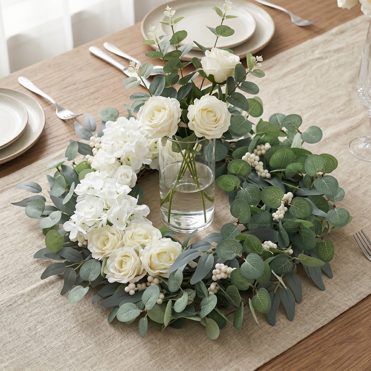 18" White Rose Eucalyptus Wreath for Front Door