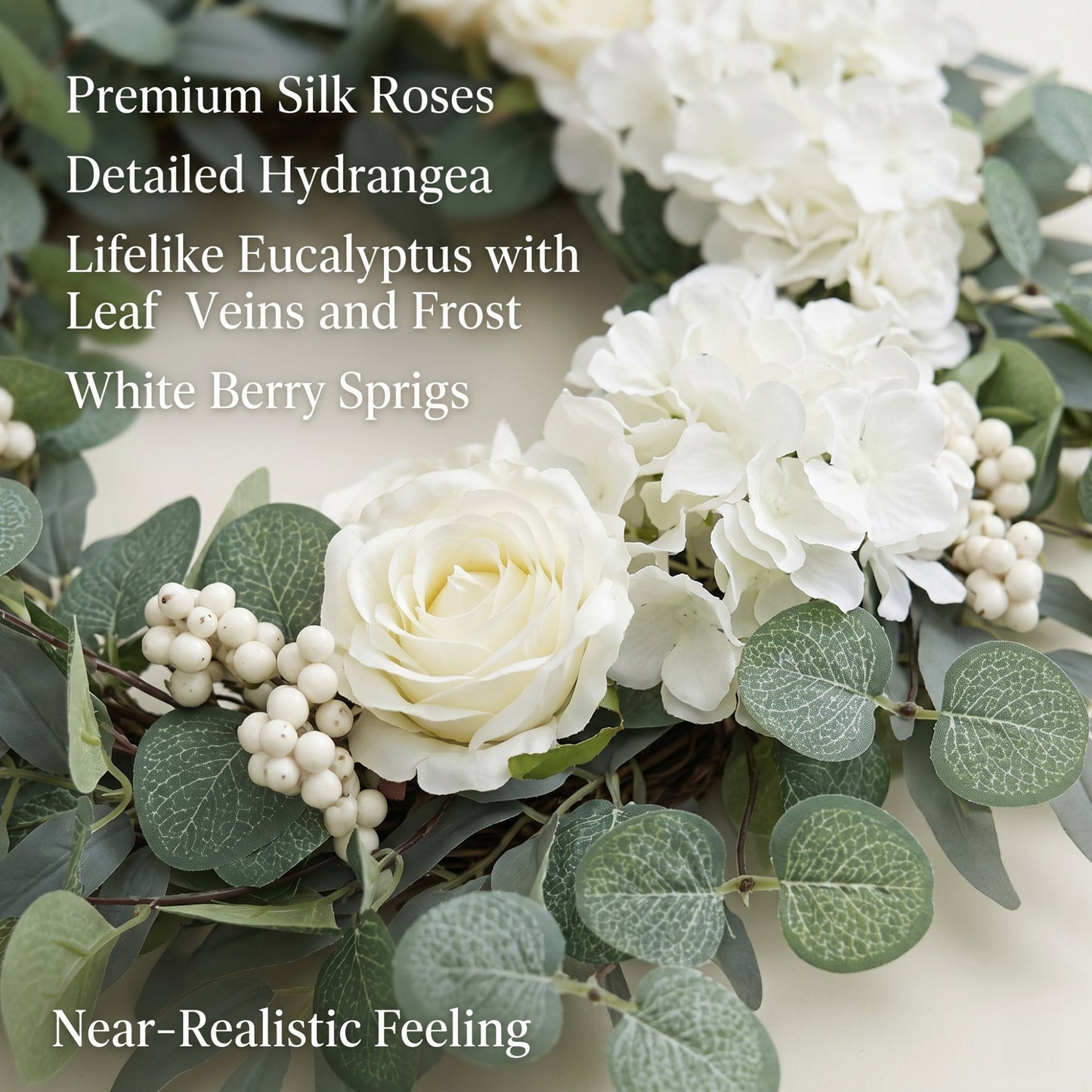 18" White Rose Eucalyptus Wreath for Front Door