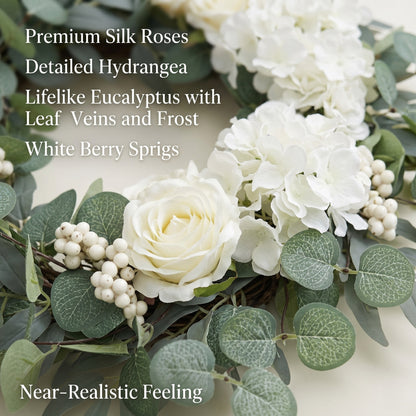 18" White Rose Eucalyptus Wreath for Front Door