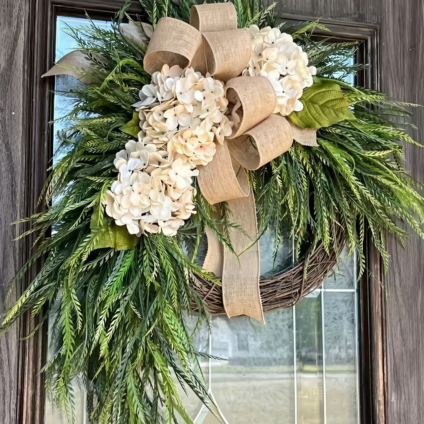24" farmhouse front door wreath with burlap bow - eucalyptus and hydrangea artificial wreath