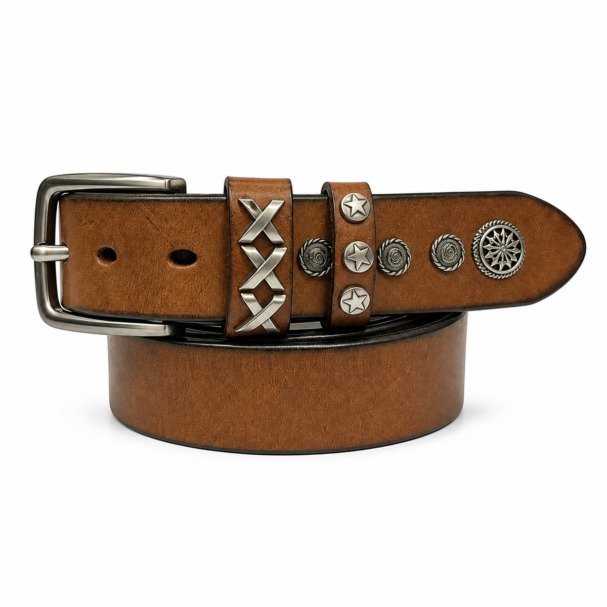 1.5″ Wide Western Concho Leather Belt with Cross & Star Studs