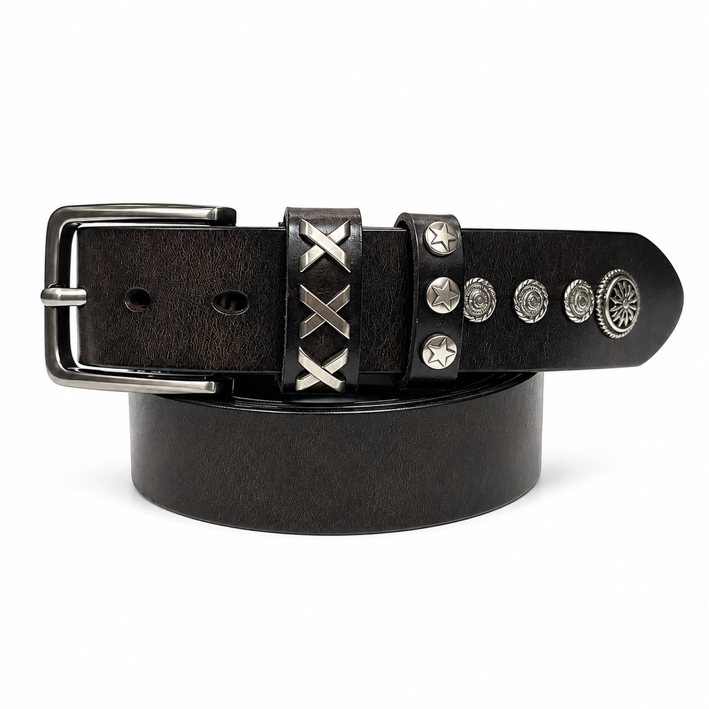 1.5″ Wide Western Concho Leather Belt with Cross & Star Studs