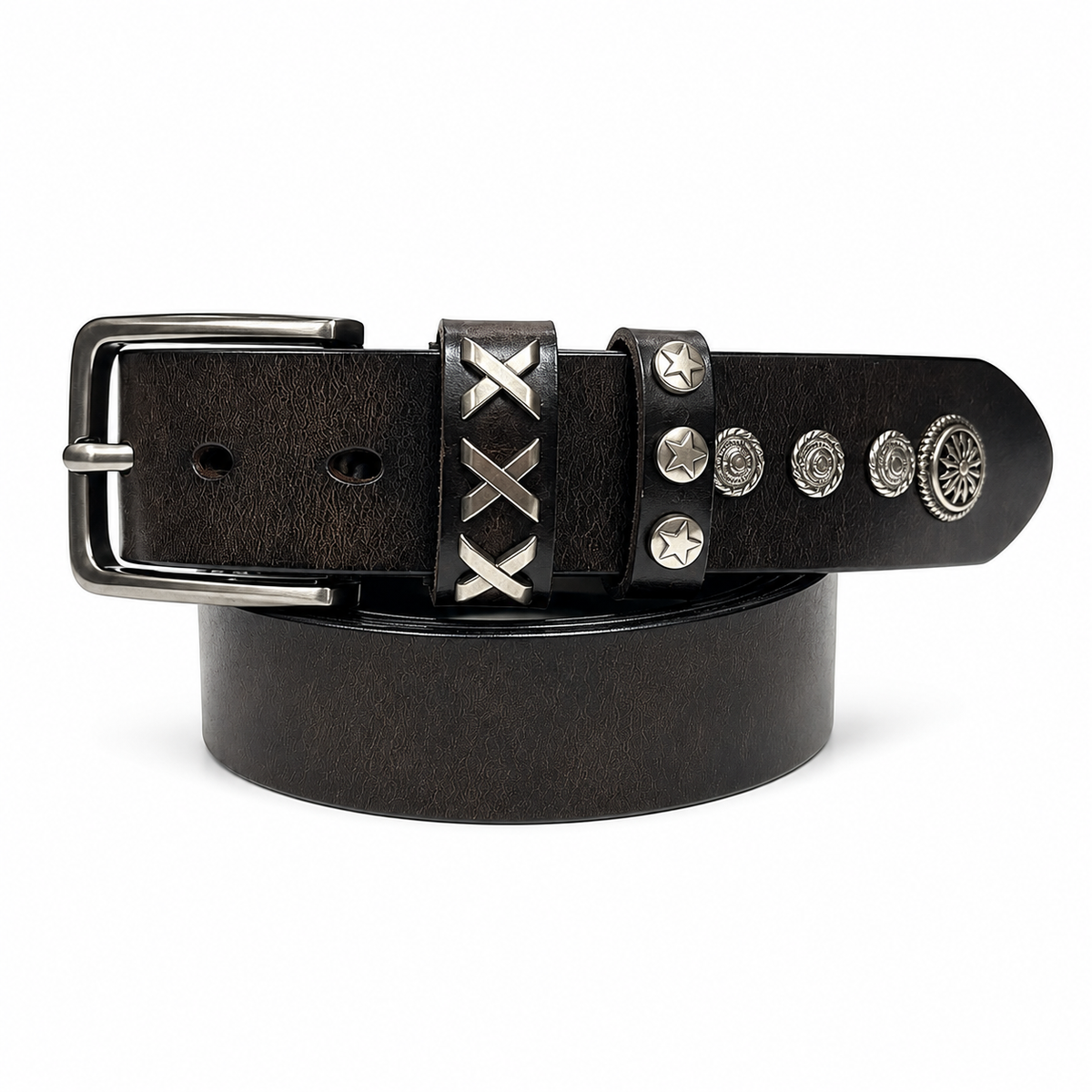 1.5″ Wide Western Concho Leather Belt with Cross & Star Studs
