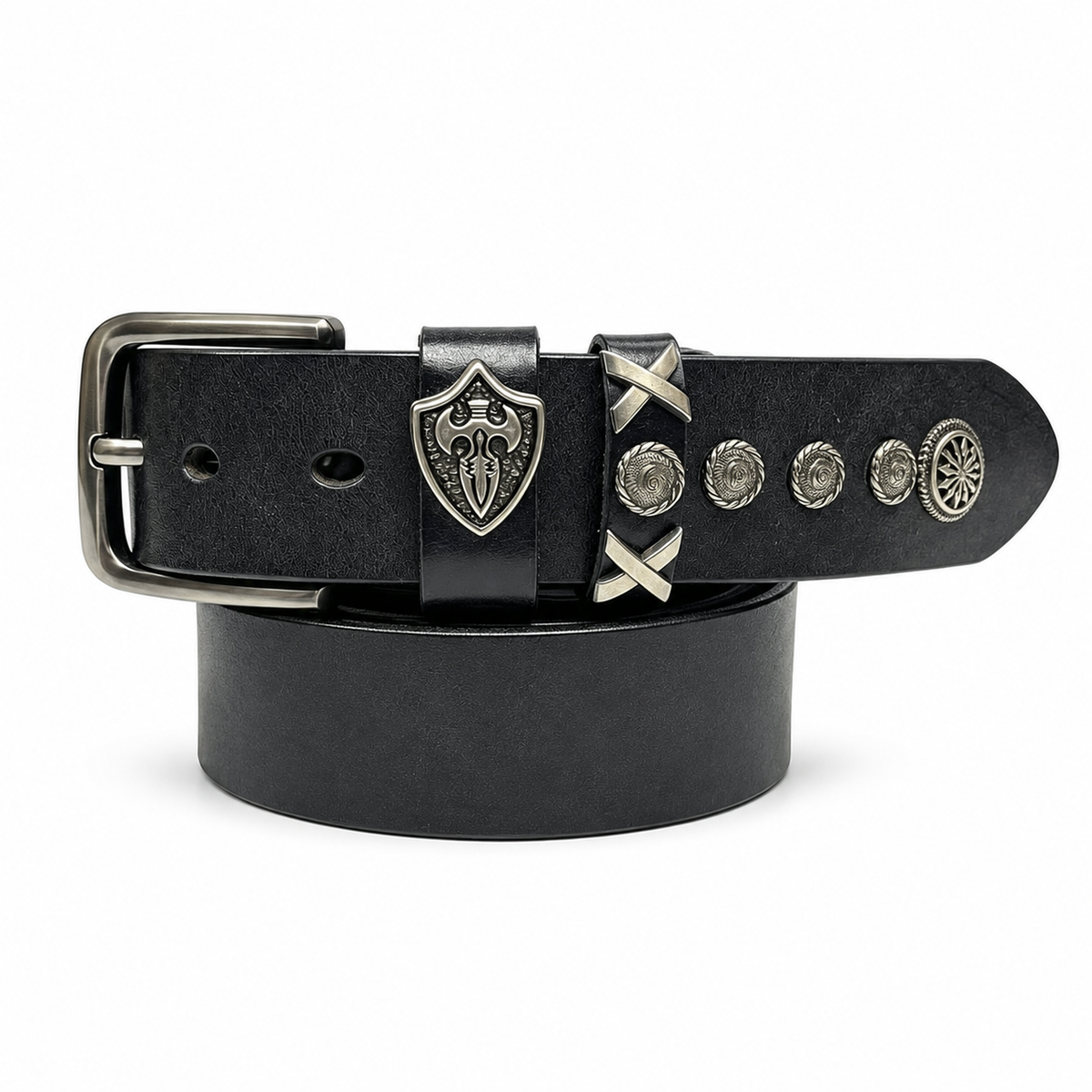 1.5″ Wide Western Concho Leather Belt with Shield Hardware