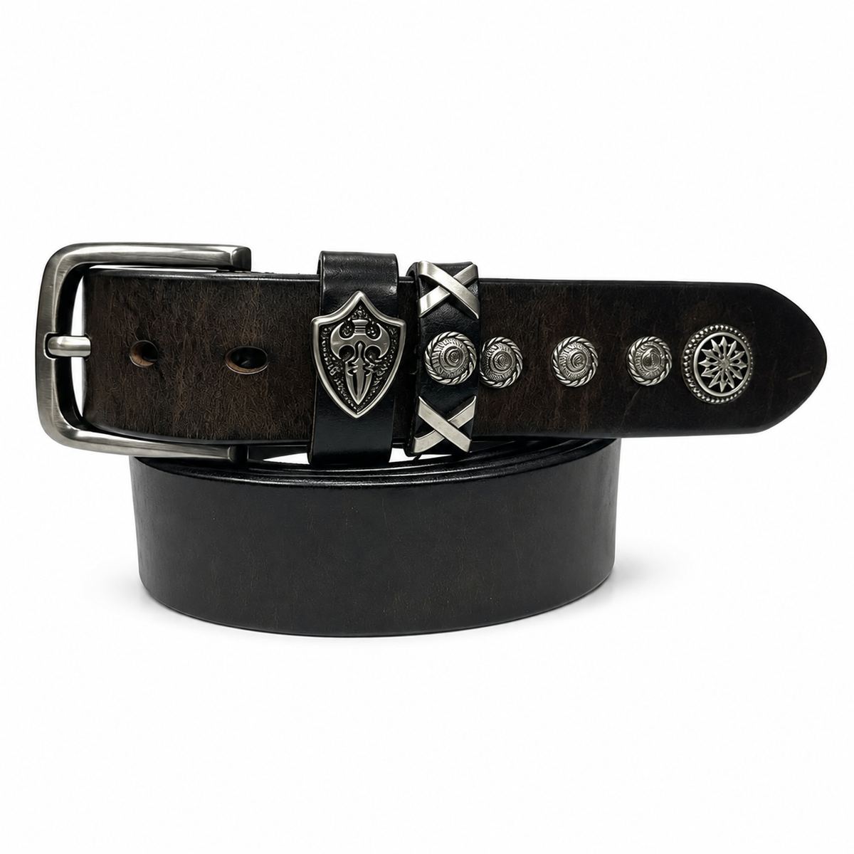 1.5″ Wide Western Concho Leather Belt with Shield Hardware