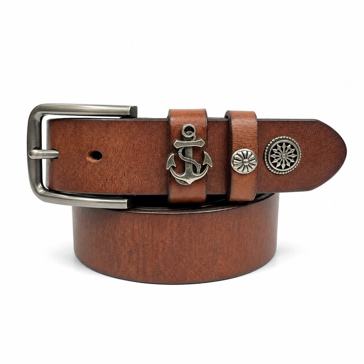 1.5″ Wide Western Concho Leather Belt with Statement Emblem