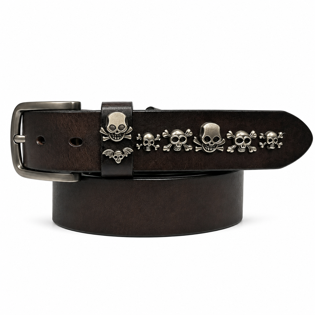 1.5″ Wide Skull Western Leather Belt with Metal Conchos