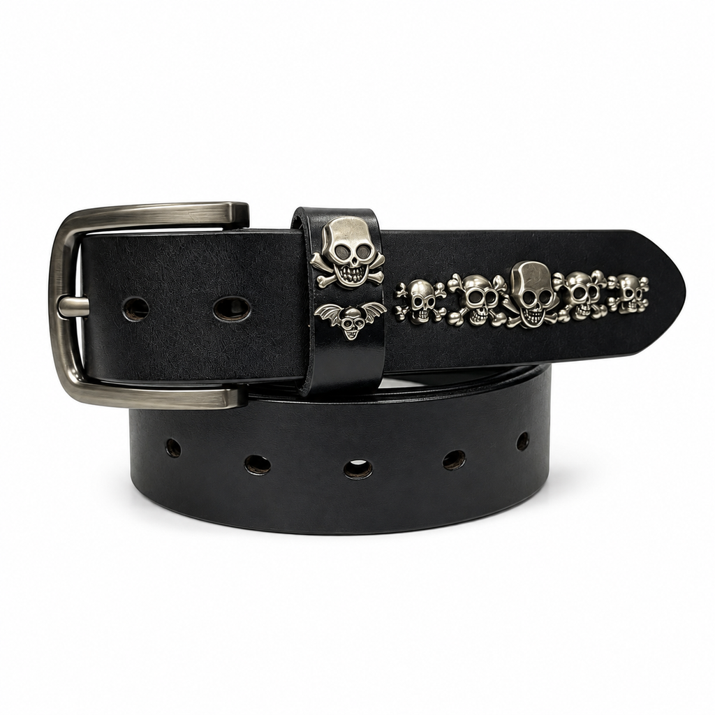 1.5″ Wide Skull Western Leather Belt with Metal Conchos