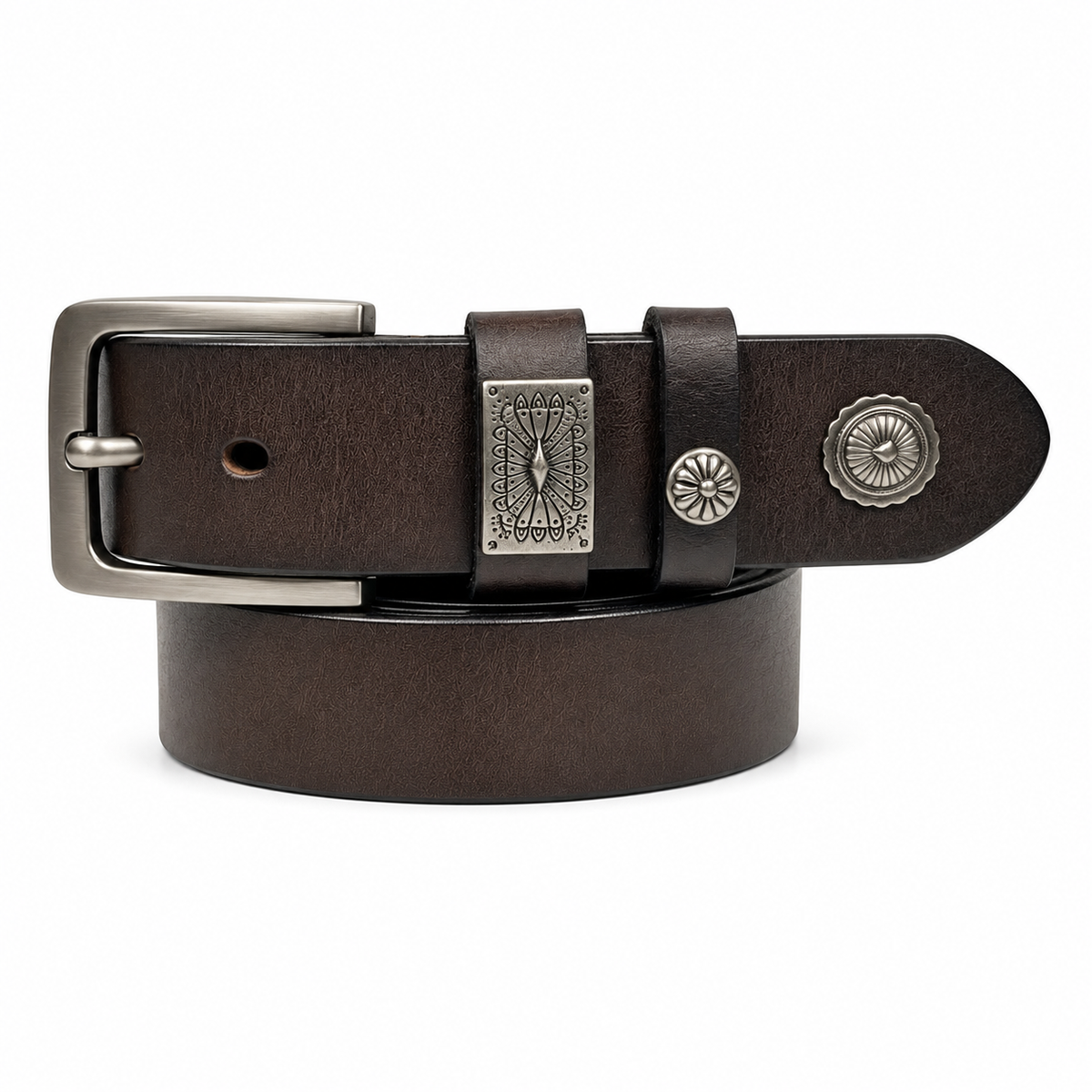 1.5″ Wide Western Leather Belt with Engraved Concho Accents