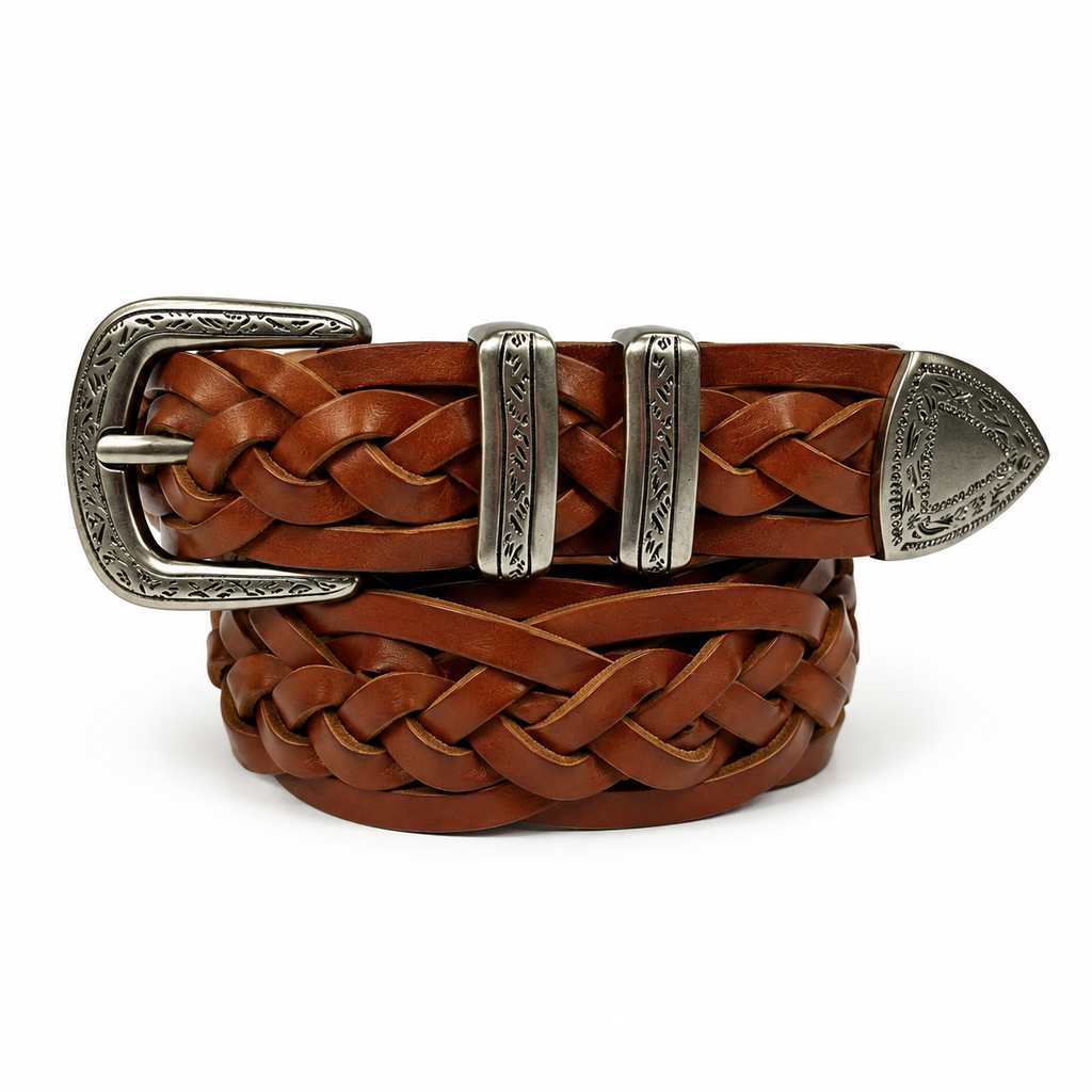 1.1 ″ Wide Braided Western Leather Belt with Engraved Hardware