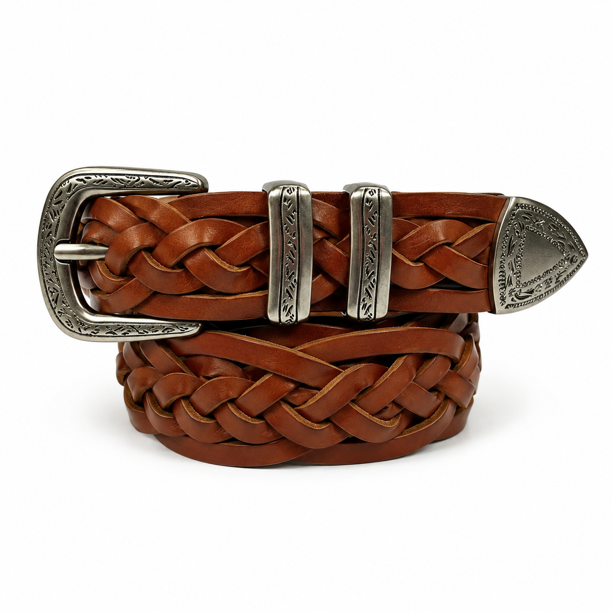 1.1 ″ Wide Braided Western Leather Belt with Engraved Hardware