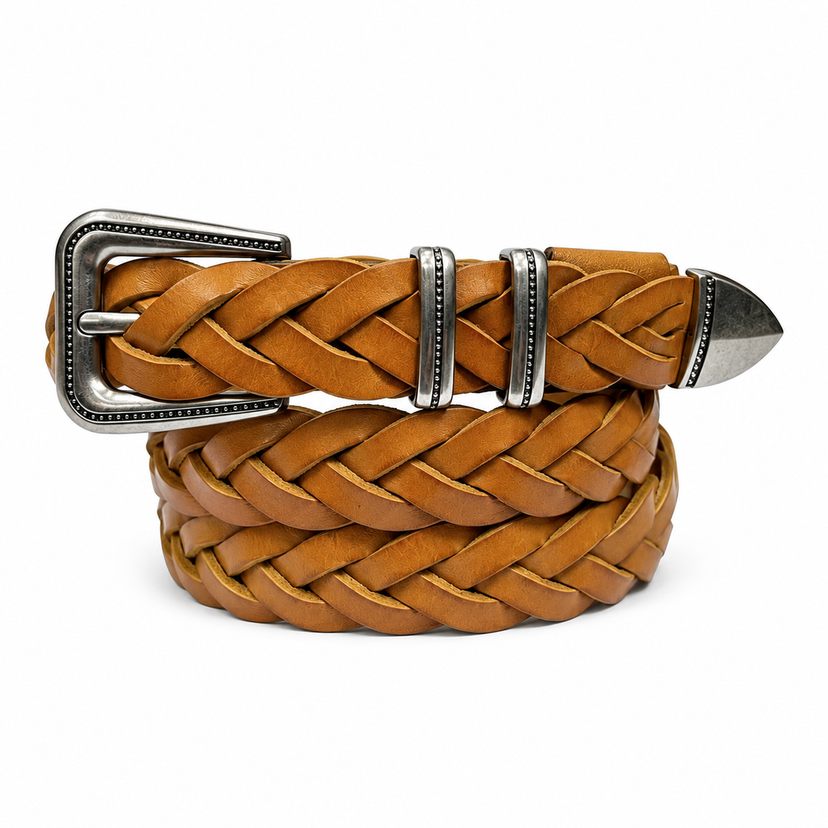 1″ Wide Braided Leather Belt with Antique Silver-Tone Western Buckle