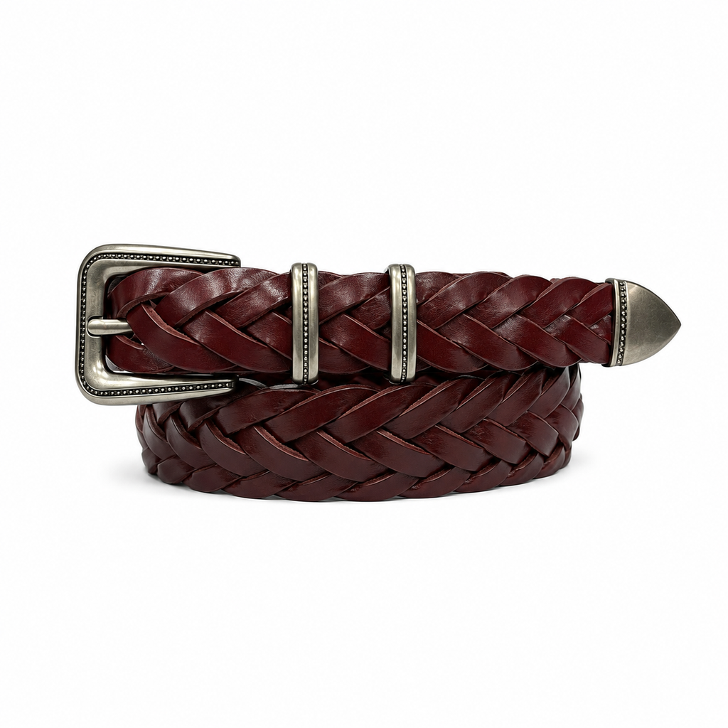 1″ Wide Braided Leather Belt with Antique Silver-Tone Western Buckle