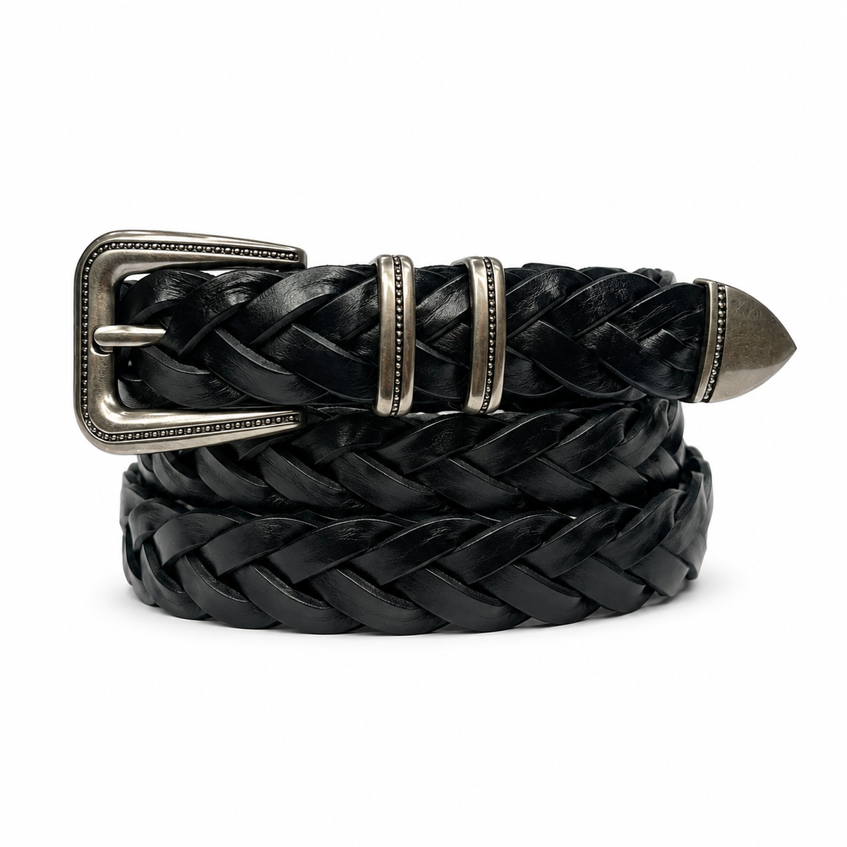 1″ Wide Braided Leather Belt with Antique Silver-Tone Western Buckle