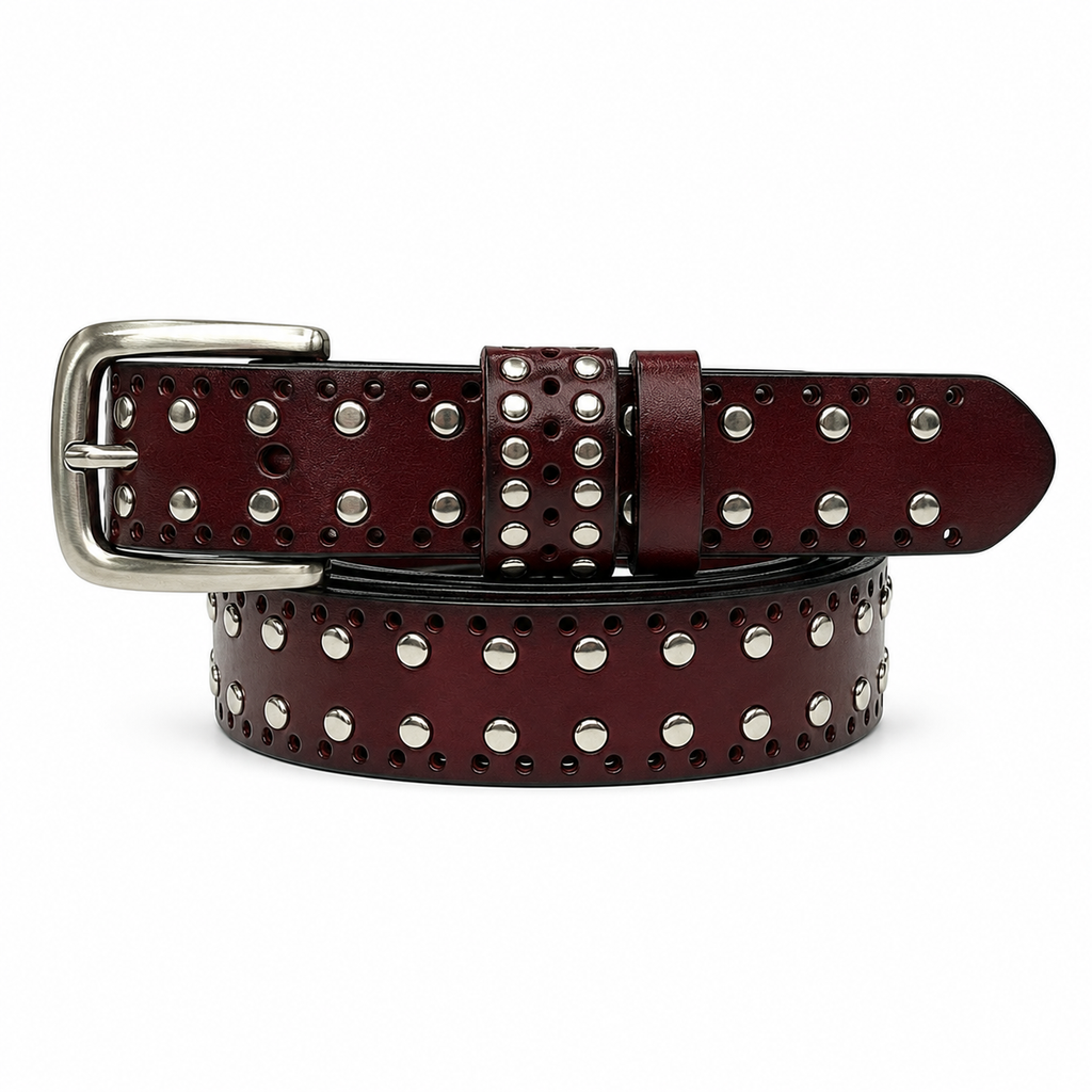 1.1″ Wide Studded Western Leather Belt with Double-Row Rivets